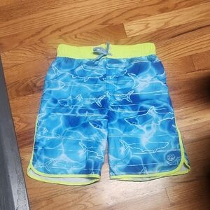 Blue Shark Swim Shorts with Neon Accents, 10/12, EUC